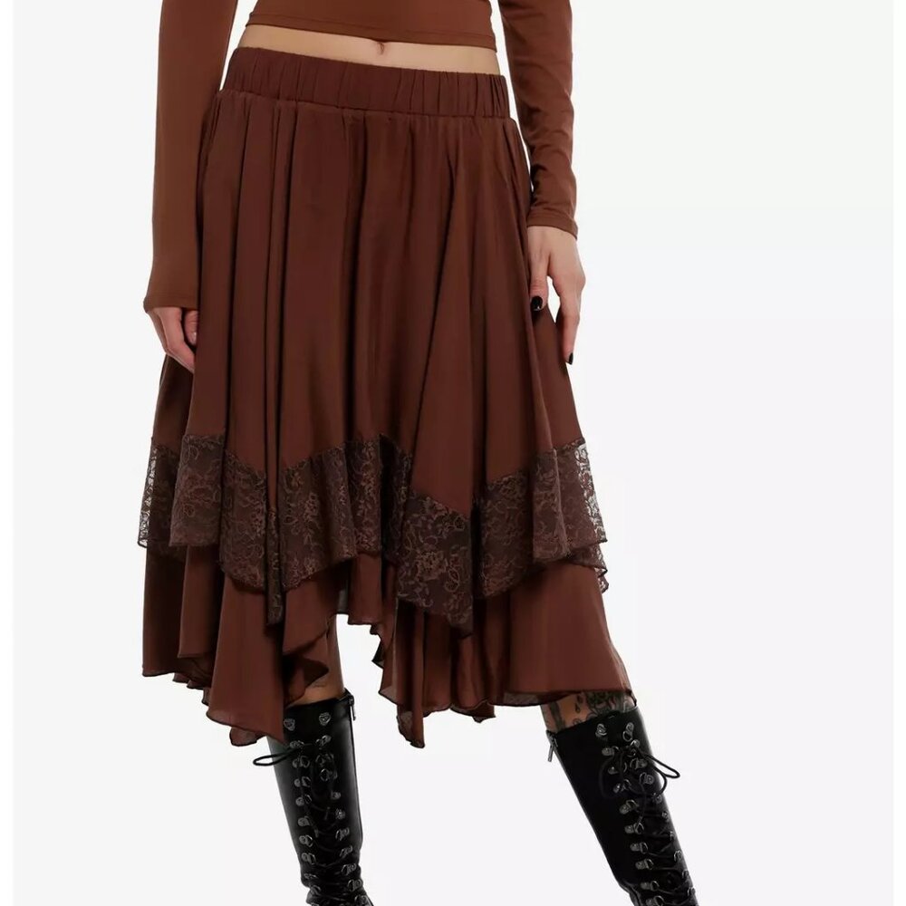 Thorn & Fable Brown Lace Tiered Hanky Hem Skirt Goth Boho Irregular Asymmetrica